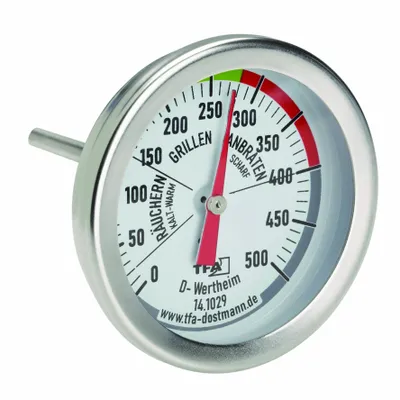 A close-up studio shot of a stainless steel oven thermometer with a white face and red needle.