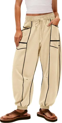 Obrázek produktu pro ASKSA Dámské hadice Trainingshose Kordelzug Baggy Jogginghose Y2K Patchwork Loose Fit Stretch High Waist Streetwear Sporthose (Aprikose,XXL)