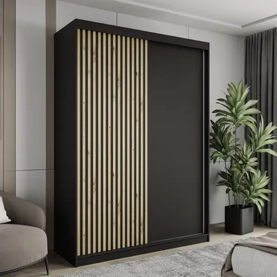 Produktbild von Schiebetürenschrank LAINA zweitüriger Schiebeschrank mit Lamellen Eiche Artisan, Schwarz / Schwarz + Lamellen