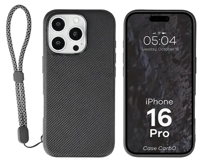 Produktbild von Hülle mit Handgelenkband für iPhone 16 Pro, Bizon Case CarbO, Schwarz