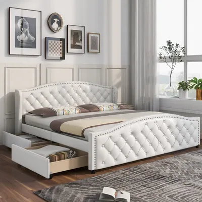 Produktbild von Flieks Polsterbett 180x200cm, Doppelbett mit Lattenrost und 2 Schubladen, Boxspringbett mit Stauraum, Holzbettgestell Jugendbett Stauraumbett, Kunstleder Bezug, Weiß