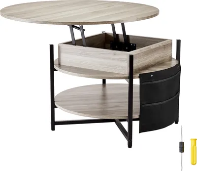 Image de SucceBuy Table basse 35,3 pouces avec plateau relevable, table ronde avec poches de rangement supplémentaires, table basse pliable pour le salon, blanche