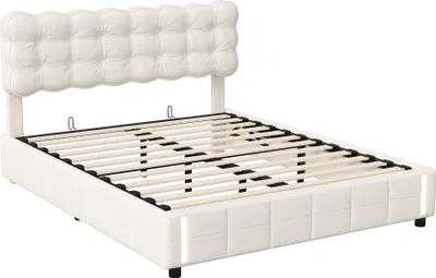 Obrázek produktu pro Čalouněná postel Fortuna Lai 140x200 cm s úložným prostorem, lamelový rošt a detektor pohybu, samet, masivní dřevo, béžová barva