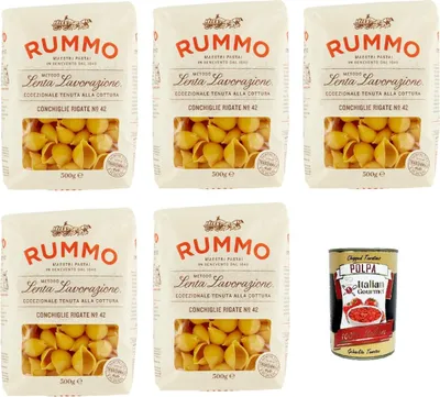 Produktbild von Rummo Conchiglie Rigate N° 42 Pasta Lenta Lavorazione Teigwaren aus Hartweizengrieß Bronze-Zeichnung 5x 500g + Italian Gourmet polpa 400g