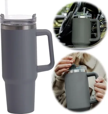 Produktbild von LS-LebenStil XL Edelstahl Trinkbecher Grau 1200ml mit Griff Strohhalm Vakuum Tumbler Kaffeebecher Coffee to Go Thermobecher Isolierbecher 1,2 Liter