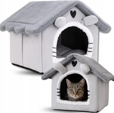 A collage showing two views of a cat house, one empty and one with a cat inside.