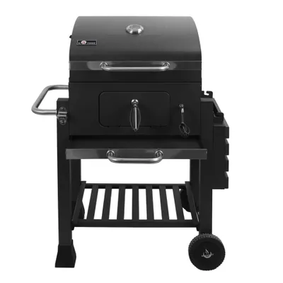 A black charcoal grill with silver accents is shown against a white background.