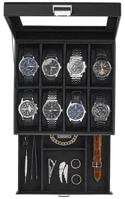 Produktbild von Uhrenbox 2 Ebenen 8 Fächer mit Glasdeckel Schwarz