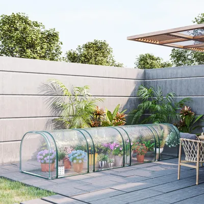 Produktbild von Tunnelgewächshaus mit 4 Reißverschlussfenstern, Tomatenhaus Folientunnel PE-Folie Stahlrahmen, Transparent | 395x100x80 cm | 4,5 kg