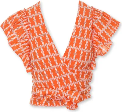 Image de Blouse pour femme Silvian Heach, orange à volants, taille M
