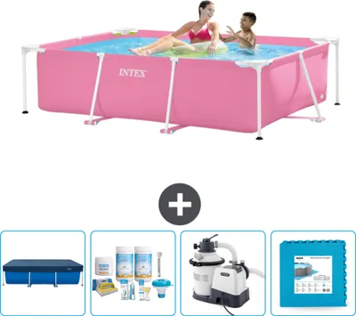 Produktbild von Intex-Schwimmbecken mit rechteckigem Rahmen – 220 x 150 x 60 cm – Rosa – im Lieferumfang enthalten Abdeckung - Wartungspaket - Filterpumpe für Schwimmbad - Bodenfliesen