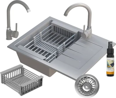 Produktbild von Granitgraues Waschbecken Set Wasserhahn Milano Abtropffläche