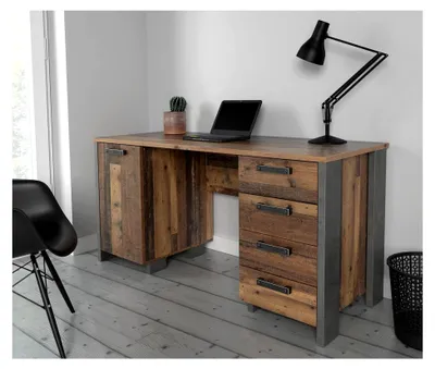 Produktbild von Moderner Schreibtisch mit 4 Schubladen und 1 Tür, ideal für das Home Office, Holzwerkstoff in Old Wood Vintage Holzdekor und Betonoptik Grau, Maße: 155 cm Breite, 73,5 cm Höhe, 60 cm Tiefe