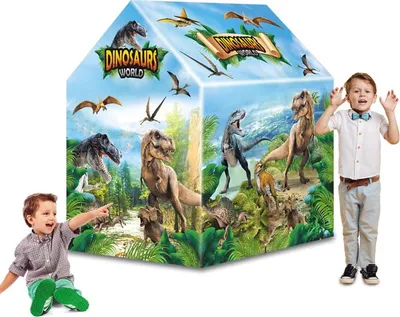 Two children interacting with a dinosaur-themed play tent.