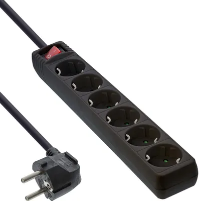 Produktbild von InLine Steckdosenleiste, 6-fach Schutzkontakt, mit Schalter, schwarz, 3m, 3 m, Abgewinkelt, 1,5 mm², Schwarz, Kunststoff, 6 AC-Ausgänge