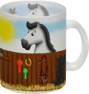 Produktbild von Glas Tasse mit weißes Pferd Motiv
