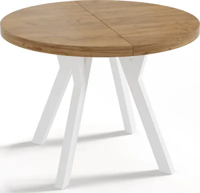Produktbild von Designer Runder Ausziehbarer Esstisch - Loft-Stil, Industriell, Platzsparend - Weiße Beine - 90 bis 170 cm - für 4-8 Personen - Hergestellt in EU - Wotan Eiche - 170 cm