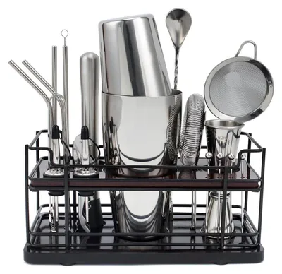 Produktbild von 20-teiliges Cocktail Shaker Set mit Stand, 825ml Edelstahl Shaker, Bar Zubehör & Rezeptbuch, Silber