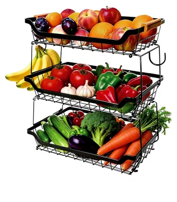 Produktbild von Obstkorb mit 3 Etagen und 2 Bananenaufhängern für die Küchenarbeitsplatte, Metall, abnehmbare Obst-Etagere für Gemüse, Obst und Snacks