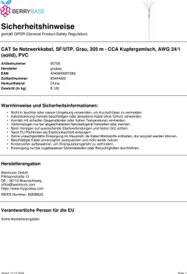 Produktbild von Goobay 95708, 305 m, Cat5e, SF/UTP (S-FTP), Grau