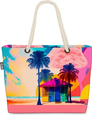 Produktbild von VOID Strandhaus Meer Palmen Strandtasche Shopper 58x38x16cm 23L XXL Einkaufstasche Tasche Reisetasche Beach Bag