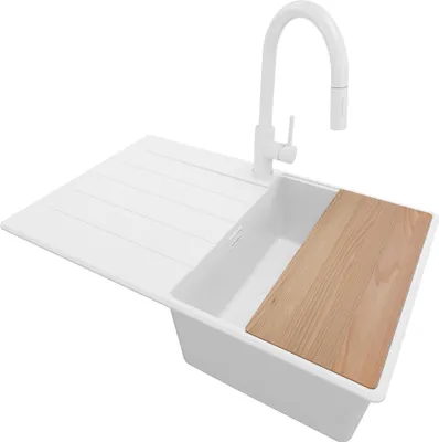 Produktbild von PRIMAGRAN Granitspüle Alles Weiß 78x50cm, Spülbecken 1 Becken + Ablauf-Set + Küchenzubehörset, Küchenspüle ab 45er Unterschrank - Kopenhagen