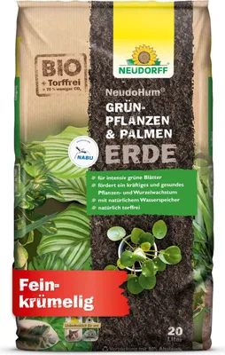 A bag of Neudorff NeudoHum potting soil for green plants and palms.