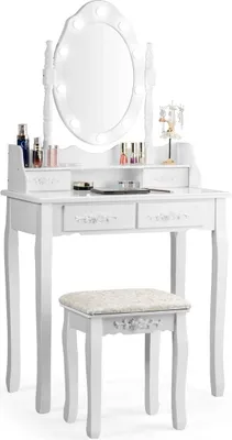 A white vanity table with a lighted mirror and a matching stool, set against a white background.