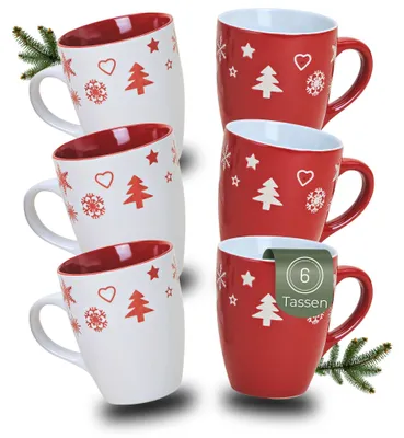 Produktbild von Weihnachtstassen 6er Set Weihnachtsmotiven in rot weiß