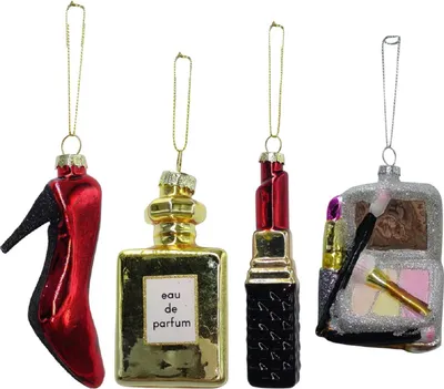 Produktbild von 4 Stück Weihnachtsanhänger Glas Beauty-Set High Heel Parfum Lippenstift Make-up