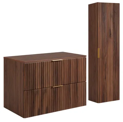 Produktbild von Badezimmer-Hängeschrank mit Waschtischplatte und Hochschrank, Nussbaum, 80 x 58,6 x 46 cm