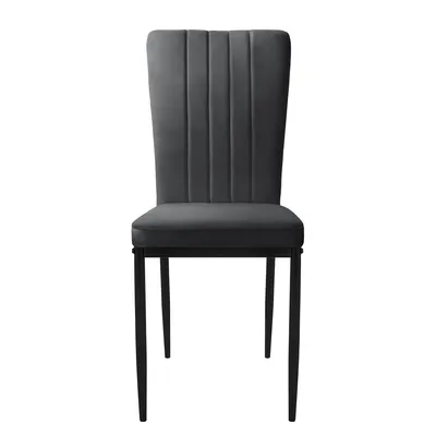 A single gray dining chair with a black metal frame is shown against a white background.