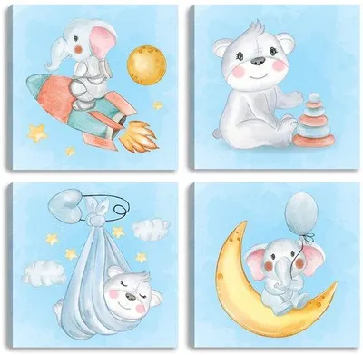 Produktbild von Unyqoos® Kinderzimmer-Leinwandbilder – 4er Set 30 x 30 cm, Tiermotive auf Canvas, 2 cm Holzrahmen, umweltfreundliche, nicht verblassende Drucke