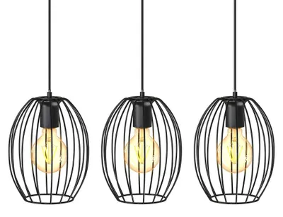 Image de Suspension luminaire industrielle retro 3 têtes, Douille E27 pour ampoules maximale de 60 W, Abat-jour métal noir, Longueur 112cm, Lustre pour salon, salle à manger