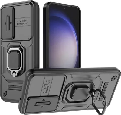 Produktbild von Hülle für Samsung Galaxy S23 Dual Layer Handyhülle Schiebe Kamera Schutz und Ringhalter Ständer Schwarz