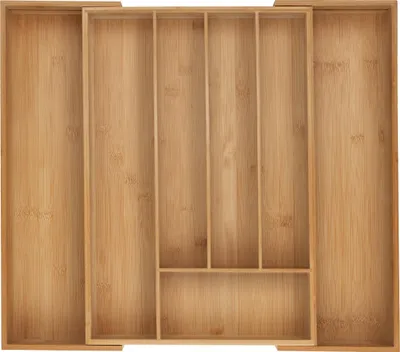 Image de Range-couverts Relaxdays, 5 à 7 compartiments, insert de tiroir coulissant pour couverts, H x l x P : 6 x 34-56 x 50 cm, bambou naturel