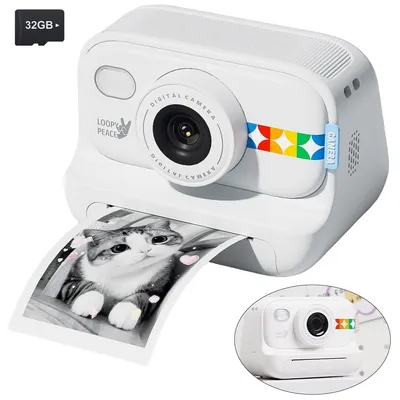 Produktbild von Kinder Sofortbildkamera mit Druckfunktion,Digitale Kinderkamera mit 1080P Video, HD-Foto, 3 Rollen Fotopapier & 32GB Speicherkarte, Weiß