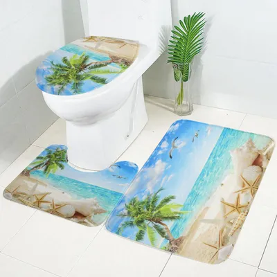 Produktbild von 3-teiliges Set: Duschvorhang mit Kokosnussbaum-Motiv, WC-Deckelmatte, rutschfeste Badematte