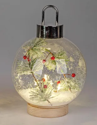 Produktbild von formano LED Glaskugel Tannenzweige 22 cm Holzsockel Timer Weihnachtsdeko