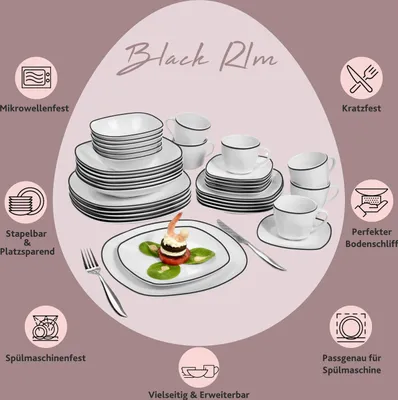 Produktbild von SÄNGER Porzellan Kombiservice Bilgola Black Rim 36 teilig für 6 Personen