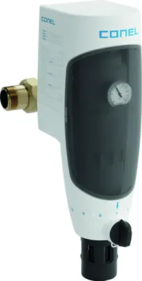 A white and gray water filter device with a brass fitting on a white background.