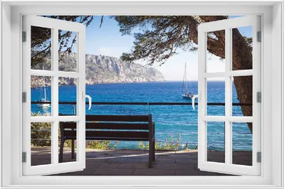 Produktbild von Wallario Wandbild mit Fenster-Illusion: Einsame Bank am Meer - Spanien im Sommer, Größe: 61 x 91,5 cm, Poster mit weißem Aluminiumrahmen