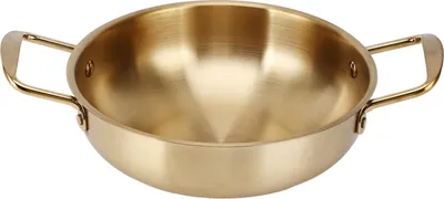 A gold-colored Korean ramen pot with two handles is shown against a white background.