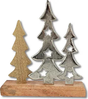 Produktbild von Mango-Holz und Metall Figur Bäume mit Sternen braun silber 23 x 25cm Dekofigur Wald-Deko Tisch Dekoration