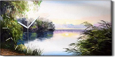 Produktbild von Dekor Leinwand Uhr Wandbilder 60x30 Gemälde See Bäume Himmel Sonnenuntergang - weiße Hände