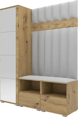 Produktbild von Garderoben-Set Nela II LUX mit Spiegel, gepolsterte Garderobe 150 cm mit Doppel-Sitzbank, Wandpaneelen und Stauraum (Farbe: Artisan Eiche + Trinity 32)