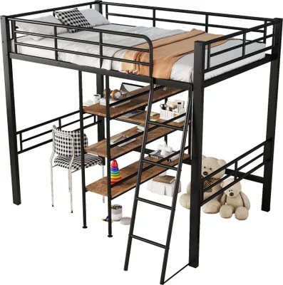 Produktbild von okwish Hochbett Kinderbett 90*200cm, Bett mit Schreibtisch, Mehrere Regale, Geländer, Leiter, Eisenrahmen, SchwarzOhne Matratze)