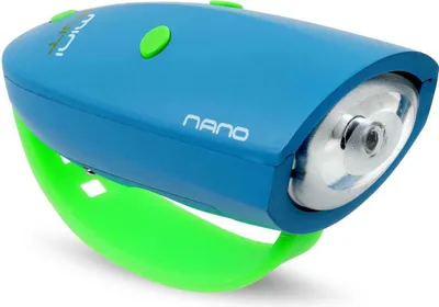 Zdjęcie produktu dla Lampka 2w1 do roweru, klakson/dzwonek - Nano HORNIT Niebieski/Zielony