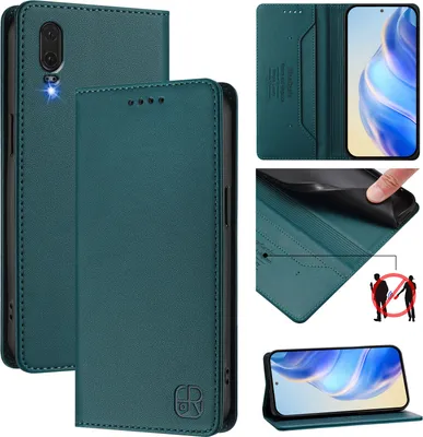Collage of images showing a dark green leather phone case for a Huawei P20.