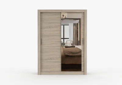 Produktbild von Kleiderschrank OLYO 150 cm Sonoma Eiche mit Spiegel, Schwebetürenschrank, Schlafzimmerschrank mit Regalböden